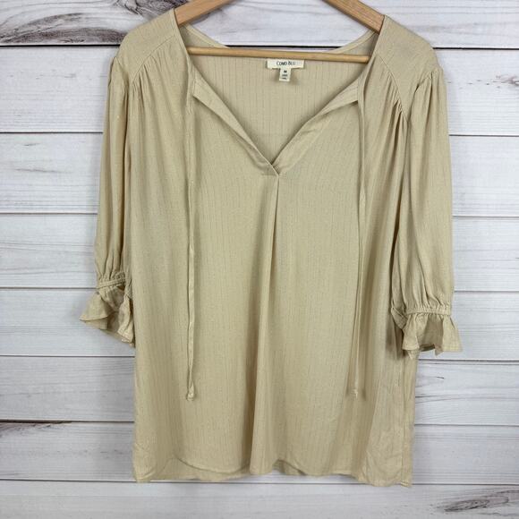 Como Blu Womens Tan Metallic Striped V Neck Blouse Quarter Sleeve Size M - Picture 1 of 7